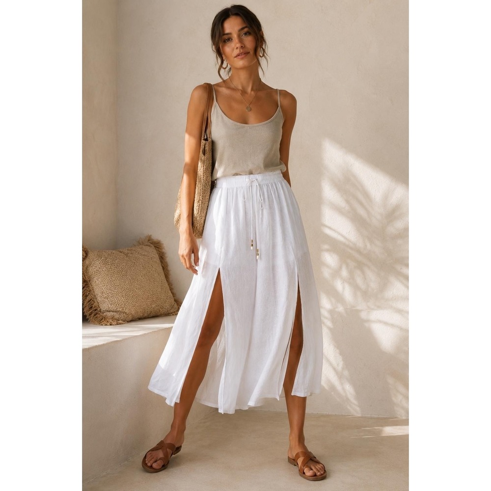 JOIE Womens Cover Up Midi Skirt‎ MEDIUM White Pull-on Linen Blend Slit Beach